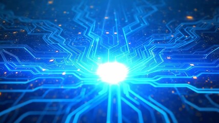 Digital circuit board with glowing center. Technology background for Cyber Monday, Digital Security Day, Computer Learning Month, Data Privacy Day. Futuristic tech concept with copy space