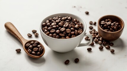 Obraz premium essence of coffee preparation. Include a stylish coffee mug, a small wooden scoop filled with grinded coffee beans, and a few beans scattered around