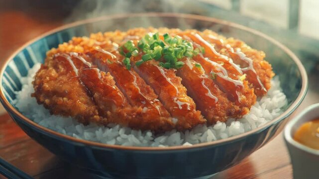 Close up of a japanese katsudon bowl, showcasing a generous portion of crispy fried pork cutlets over a bed of fluffy white rice. The cutlets are glazed with a savory sauce, creating a beautiful