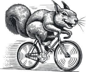 squirrel rides fast on bicycle illustration style engraving hand drawn vector print on t-shirt