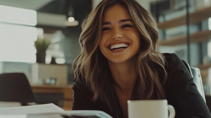 Fototapeta premium Happy woman with shoulder-length hair on a video call, medium shot, sitting at a desk with a cup of coffee and documents generative ai