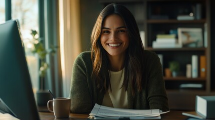 Fototapeta premium Happy woman with shoulder-length hair on a video call, medium shot, sitting at a desk with a cup of coffee and documents generative ai