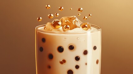 Black Sugar Bubble Fresh Milk, On Top Small Golden Bubble, Clear Lid Dome, Vector Illustration.