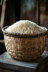 A basket full of rice sitting on top of a wooden table