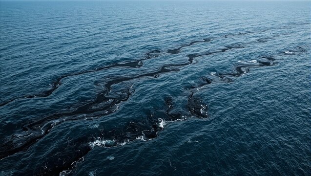 Dramatic oil spill in the ocean with dark streaks contrasting vivid blue water highlighting environmental impact