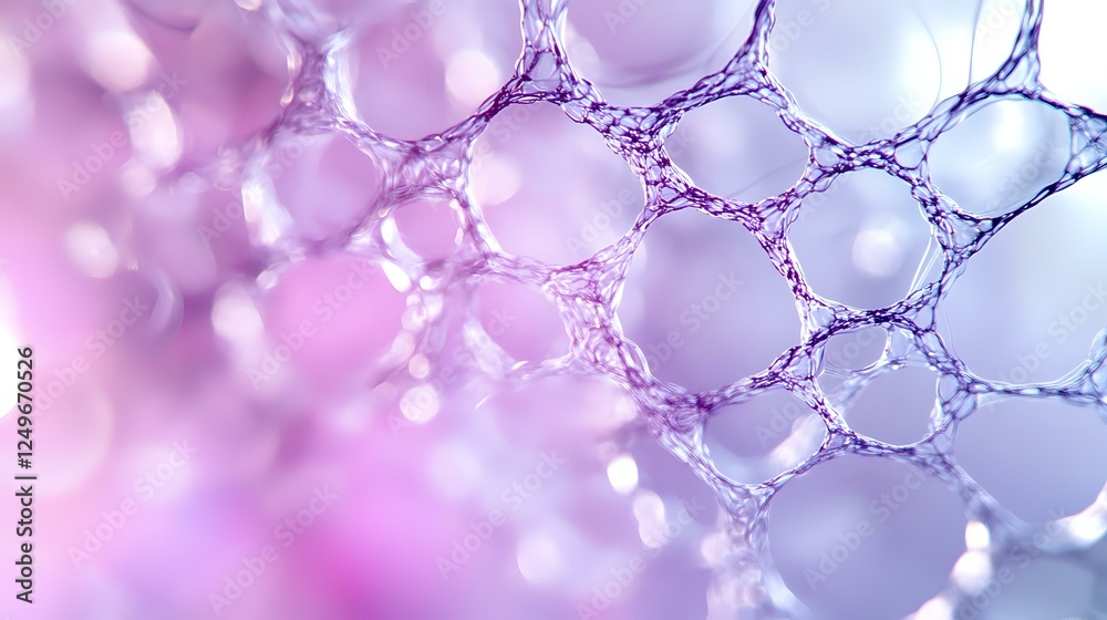 Poster macro view of delicate soap bubble foam structure in pink and purple gradient colors creating abstra