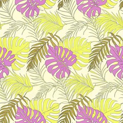 Seamless pattern, pattern, watercolor, stylish floral pattern, bright and modern pattern with tropical leaves, tropical motifs in design, botanical style