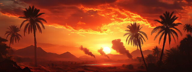 Obraz premium Desert Sunset with Palm Shadows and Rising Smoke