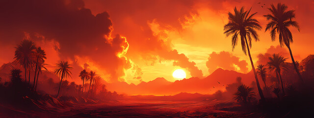 Obraz premium Desert Sunset with Palm Shadows and Rising Smoke