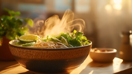 Steaming bowl of Asian noodle soup with herbs and lime, sunlit.