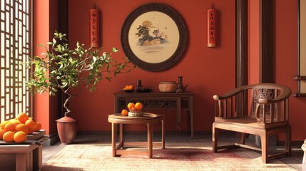 3D render of asian interior design. An antique chinese wooden chair and side table with lucky orange plants in a pot as a tradition new year decoration in a zen style living room. Red maroon wall.