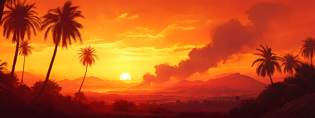 Obraz premium Desert Sunset with Palm Shadows and Rising Smoke
