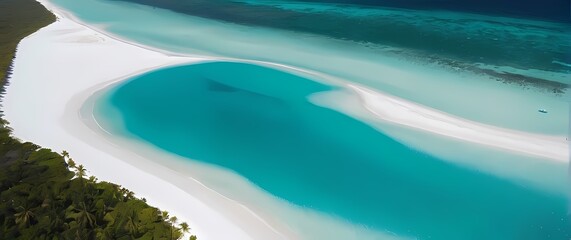 Fototapeta premium Aerial view of turquoise waters gently lapping against pristine white sands showcasing the idyllic beauty of untouched tropical beaches