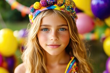 Fototapeta premium Blonde caucasian child in colorful headband at festive outdoor celebration
