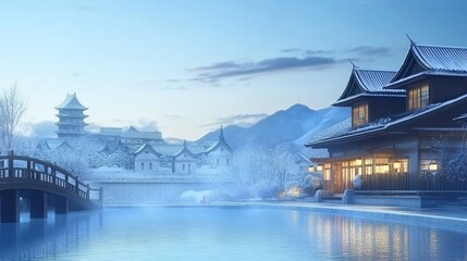 Fototapeta premium Serene Winter Scene of Ancient Ginzan Onsen Village - Capture the tranquility of winter in Ancient Ginzan Onsen village with traditional architecture, snow-covered landscapes