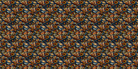 Abstract African art shapes seamless backgrounds, tribal geometric decoration patterns. Colored flat boho symbols illustrations	