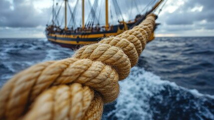 Obraz premium A thick rope in the foreground with a large ship sailing in the distance.