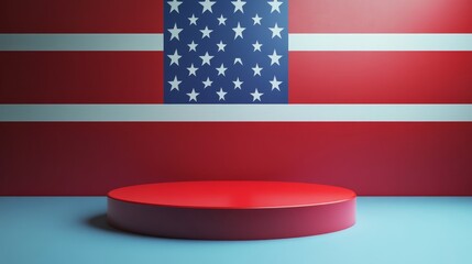 Stage with American Flag Background - A sleek red circular stage set against a vibrant American flag backdrop, perfect for presentations or ceremonies.