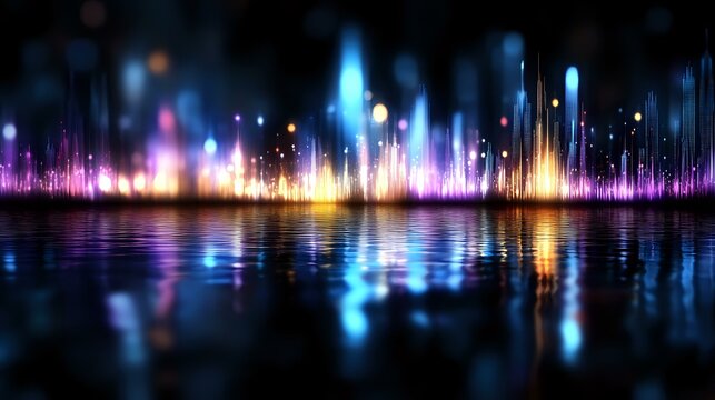 Colorful illuminated water fountain show with dancing jets reflecting on water surface at night, featuring vibrant blue, purple and golden lights creating magical atmosphere.