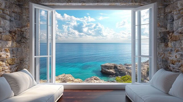 Fototapeta A picturesque view of sparkling blue waters seen through an open window framed by rustic stone walls, inviting peace and tranquility into the home.