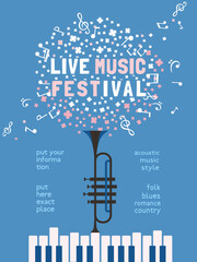 Spring Season Live Music Festival minimal design vector poster. Piano keyboard, trumpet, musical notes cartoon illustration. Blooming Vibes Music Fest performance, outdoor event celebration background