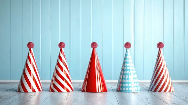 Colorful party hats with stripes and polka dots on wooden floor against blue wall