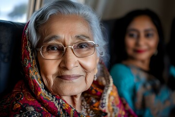 Elderly South Asian woman wearing traditional headscarf and glasses smiles warmly at camera, with younger female family member in background wearing turquoise dress.