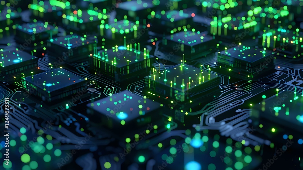 Poster glowing microchip circuit board with green and blue light effects, electronic components and pathway