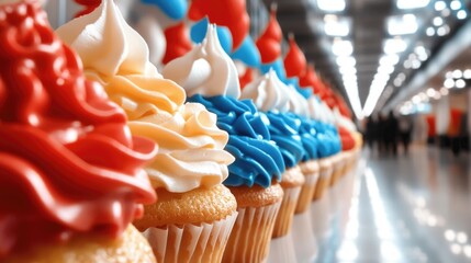 Colorful cupcakes displayed in a vibrant row with red, white, and blue frosting