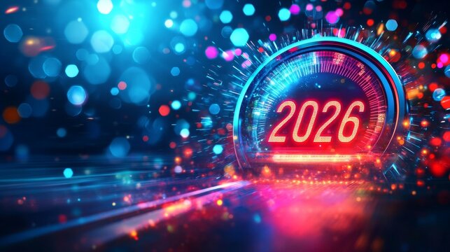 An artistic rendition of a speedometer focused on the year 2026, surrounded by vibrant, colorful lights representing a blend of technology and future aspirations. - Powered by Adobe