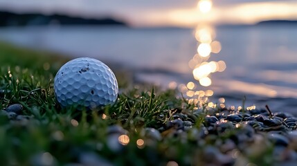 White golf ball resting in grass at sunset with sparkling water bokeh in background, creating atmospheric sports composition for golf course marketing and lifestyle content.