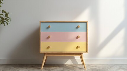 A beautifully designed light wood dresser features soft pastel-colored drawers, perfect for organizing clothes or toys. It's an ideal piece to brighten any child's space with style