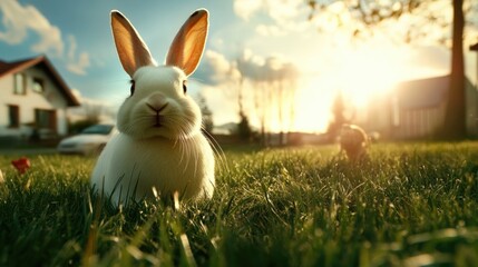 Cute white rabbit in sunlit grass with houses in background