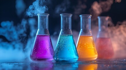 A visually stunning display of colorful liquids in beakers, surrounded by swirling smoke, embodying the essence of chemistry and scientific exploration through captivating visuals.
