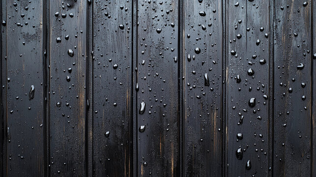 Wet wooden board covered in glistening water drops after rain on a cloudy day in a serene outdoor environment. Generative AI
