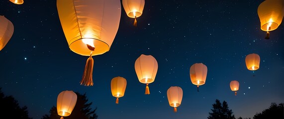 Fototapeta premium A whimsical image of floating lanterns released into the night sky carrying hopes and wishes for new beginnings on gentle breezes