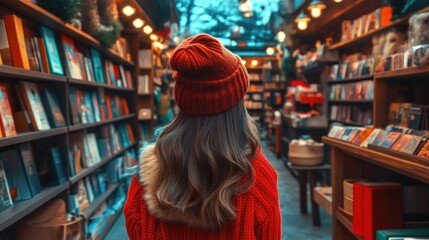 Young female browsing books in cozy outdoor bookstore alley with warm lighting