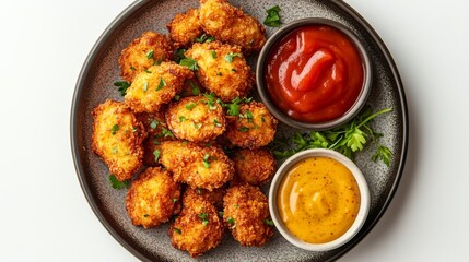 A tempting assortment of crunchy fried food is elegantly plated alongside two dipping sauces, inviting indulgence and celebrating comfort food favorites for all ages.