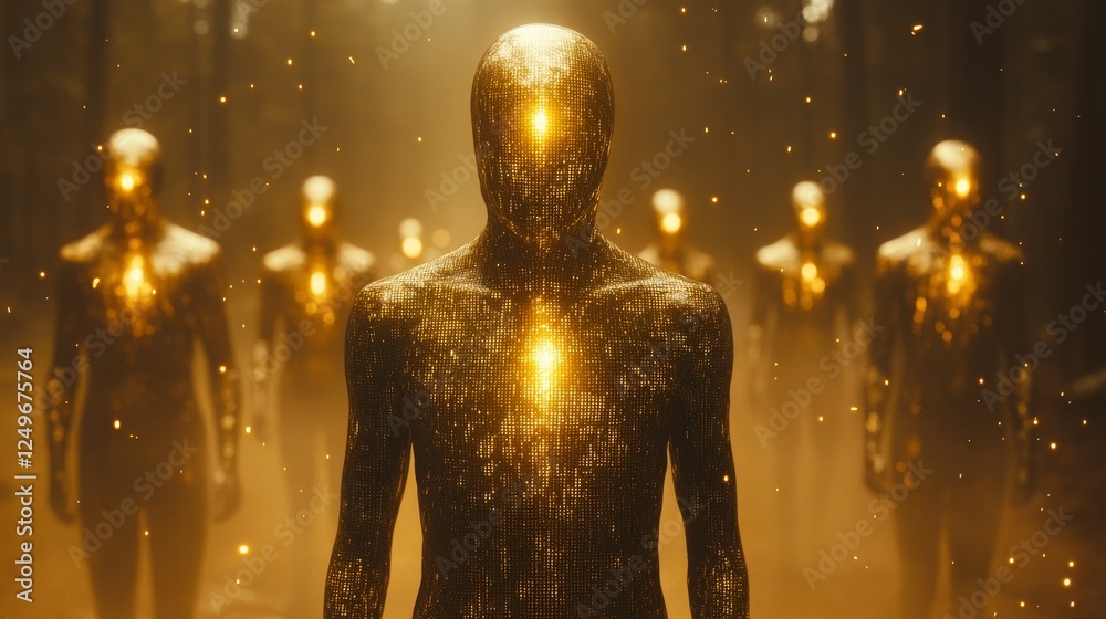Aufkleber golden automaton procession: a dazzling display of futuristic figures emanating a bright, mystical l