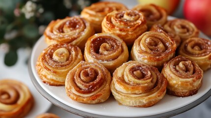 This mouth-watering image showcases a plate filled with beautifully arranged cinnamon rose pastries, inviting viewers to indulge in the sweet and decadent treat.