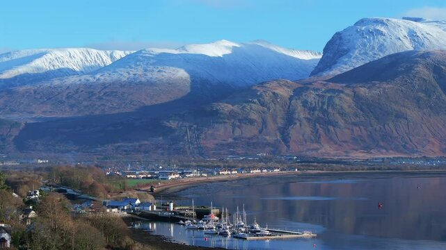 Corpach lighthouse and marina on the shores of Loch Eli with snow capped Ben Nevis and Fort William, Highland region, Scotland, United Kingdom 