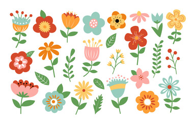 Colorful flower clipart set. Spring flowers drawing collection. Vector elements.