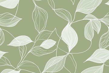 Padrão contínuo (seamless pattern) de folhas estilizadas em tons de verde com linhas delicadas em branco, criado com IA generativa.