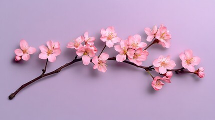 Obraz premium Pink cherry blossom branch on lilac background.
