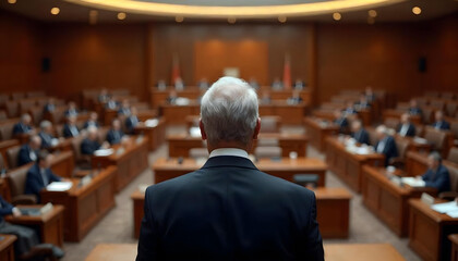 Fototapeta premium Senior politician addresses lawmakers in a grand parliamentary chamber with authority.