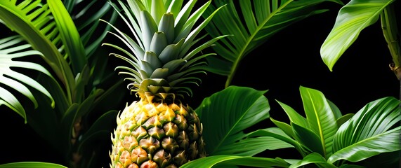 Fototapeta premium A vivid portrayal of a ripe juicy pineapple nestled among lush green leaves highlighting the tropical essence of sweetness and refreshment