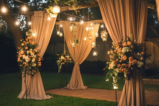 An elegant backyard wedding festooned with drapes, flower arrangements, and hanging lights creating a warm and inviting atmosphere.
