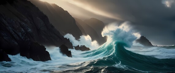 Fototapeta premium A vivid depiction of ocean waves crashing against rugged rocks illustrating the magnificent beauty and raw power of natures forces