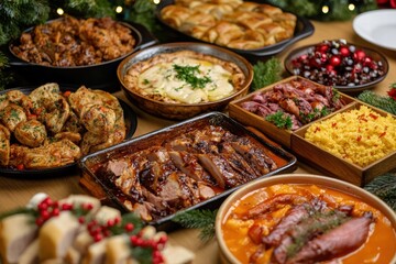 Obraz premium Traditional Christmas table filled with festive dishes and decorations