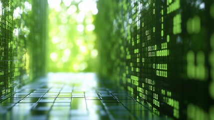Green background with lights. Computer and cyberspace technology. Digital programming network with data. Background in green with illumination lifestyle.